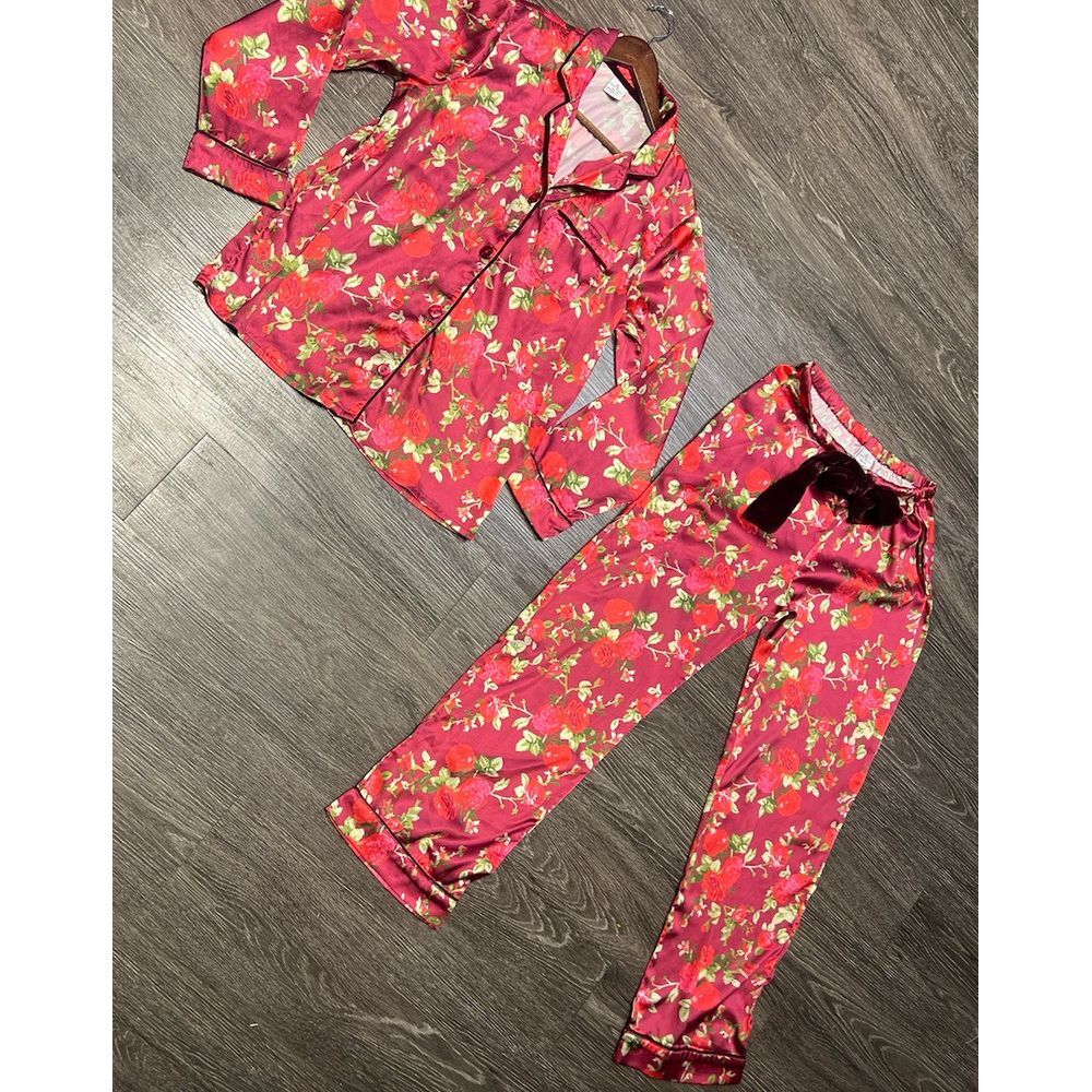 8 Oak Lane Burgundy Floral Satin PJ Set Sz Xs/S‎ Velvet Tie Festive Loungewear